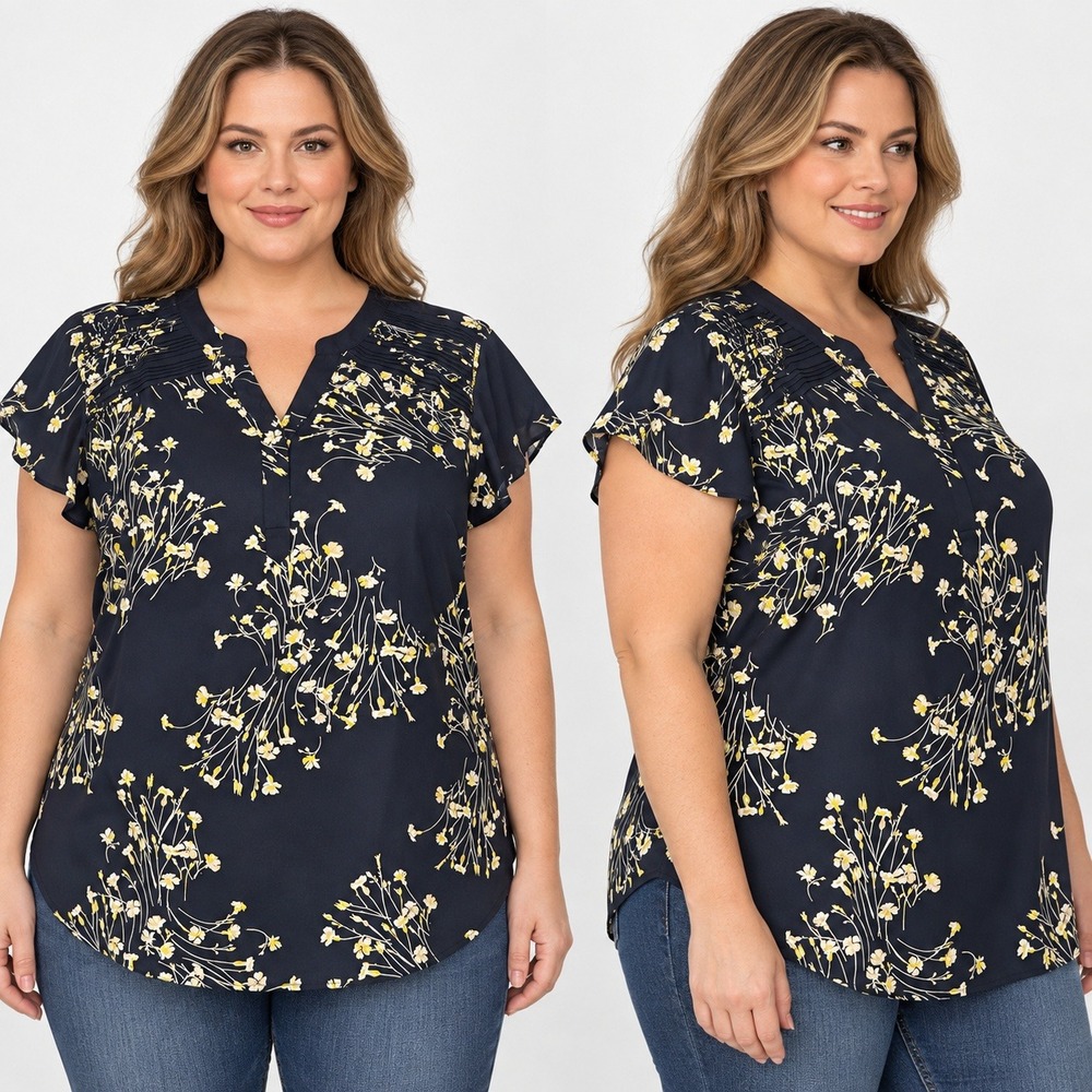 Croft & Barrow Navy Blue Floral Flutter Sleeve Pleated V-Neck Blouse 2X NWT